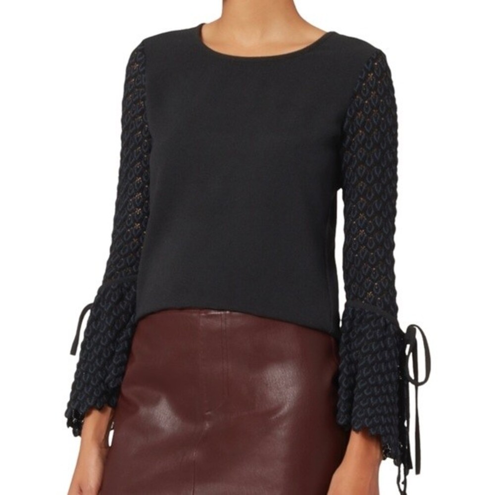 See By Chloe Crochet Knit Bell Sleeve Black Blue Bohemian Top Women's Size Small
